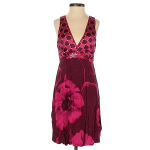 A Common Thread Bright Pink Silk Floral Casual Dress w/ Jeweled Waist Size P XS
